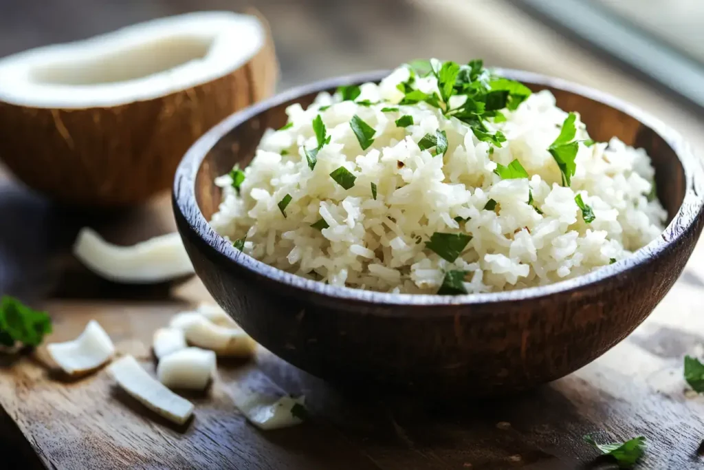 A wooden bowl filled with freshly cooked coconut rice garnished with chopped parsley, placed on a rustic wooden surface alongside fresh coconut slices, showcasing a tropical and flavorful side dish.