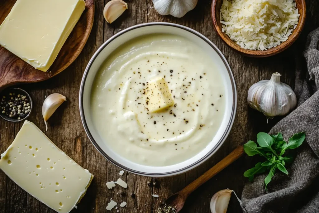 A bowl of Alfredo sauce surrounded by its core ingredients, including Parmesan cheese, butter, and garlic, placed on a rustic tabletop with warm lighting.