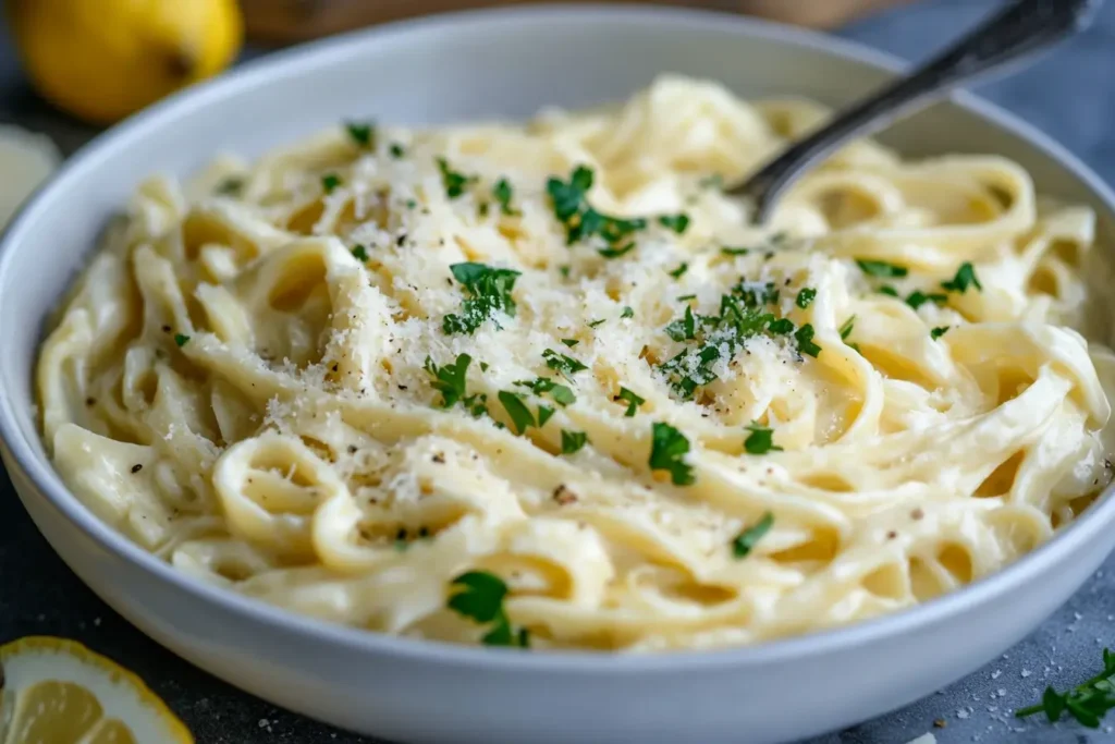 Fettuccine pasta coated in creamy Alfredo sauce, paired with garlic bread and salad, showcasing ideal side dishes and pasta choices.