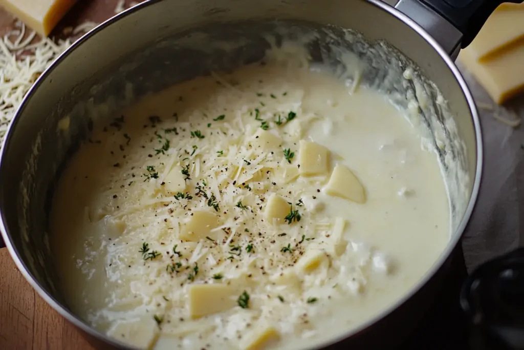 A pot of cheddar, Gruyere, and mozzarella cheeses melting together into a golden, creamy sauce, symbolizing the ideal cheese combinations for mac and cheese.