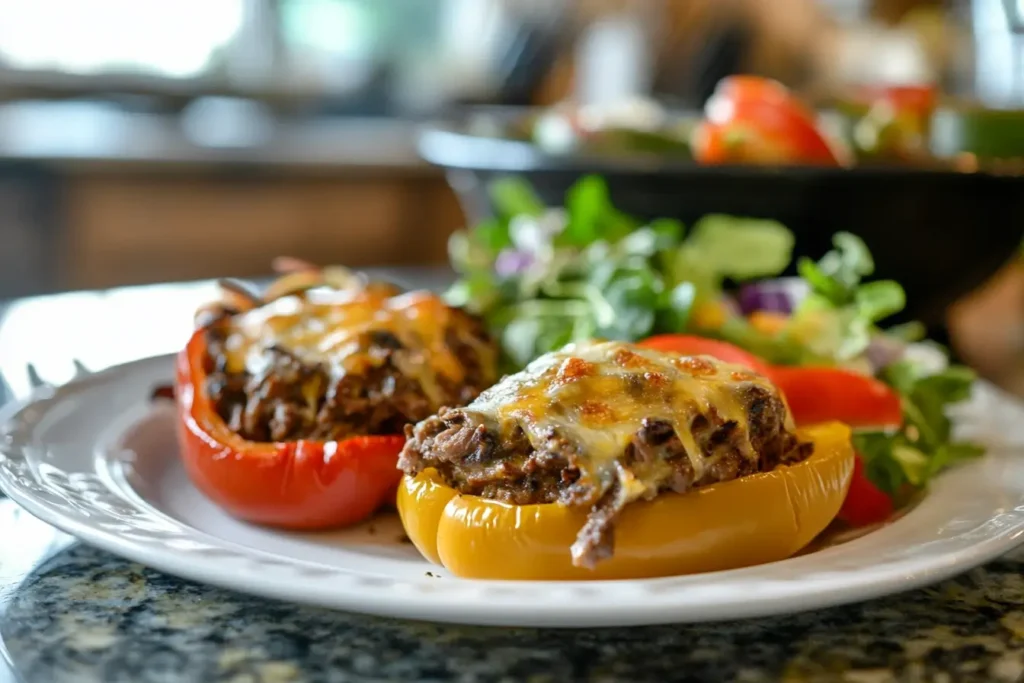 A plated serving of Philly Cheesesteak Stuffed Peppers with a side salad and a glass of red wine, perfect for dinner.