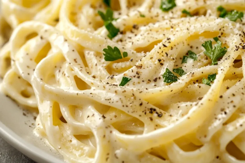 Creamy Alfredo pasta tossed with fresh parsley and black pepper, served on a simple white ceramic plate.