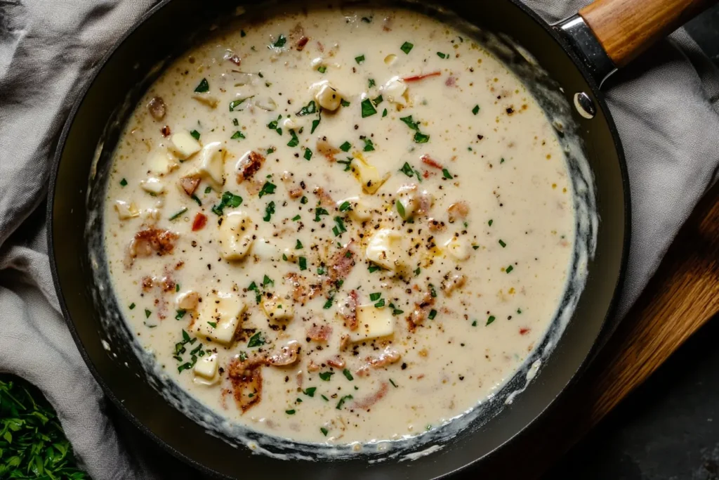 Skillet with melting butter, sautéing garlic, and Cajun seasoning being added, showing the start of the Cajun Alfredo sauce cooking process.