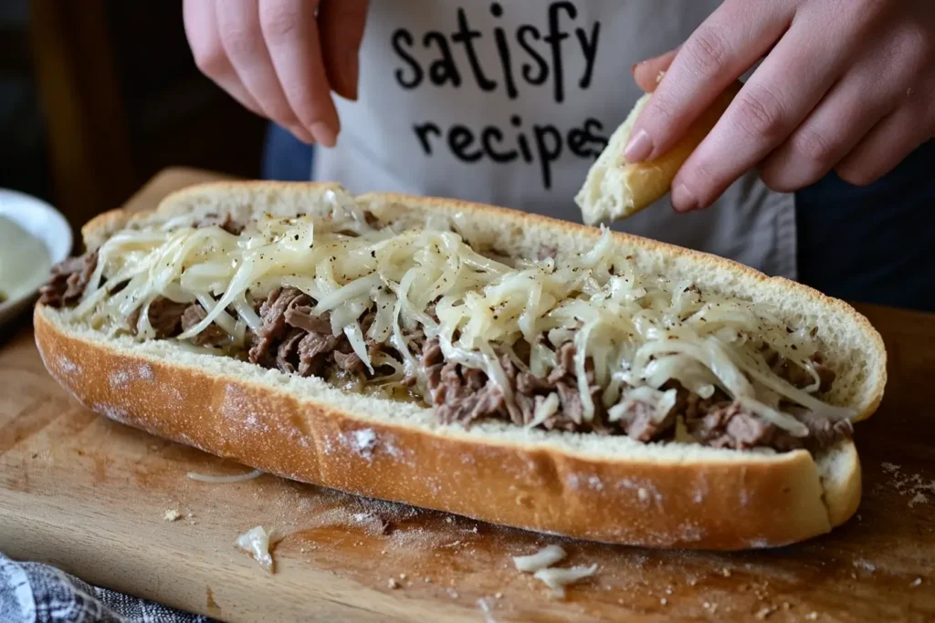 A chef assembling a Philly cheesesteak with layers of beef, cheese, and onions in a busy kitchen.