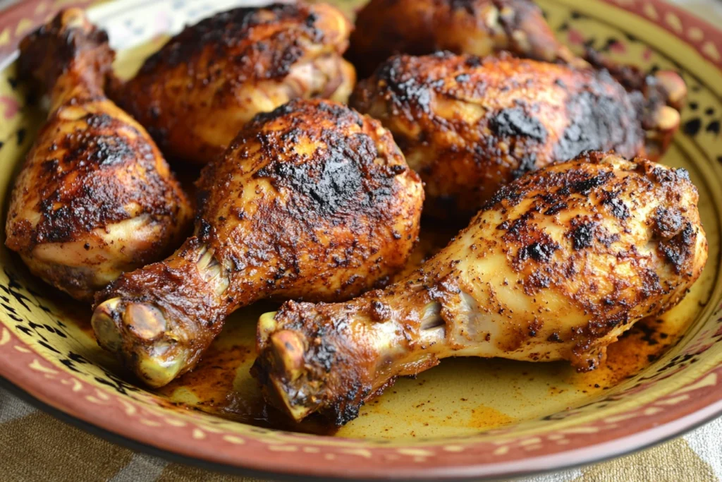 Close-up of smoked chicken legs and thighs on a rustic ceramic plate with crispy.