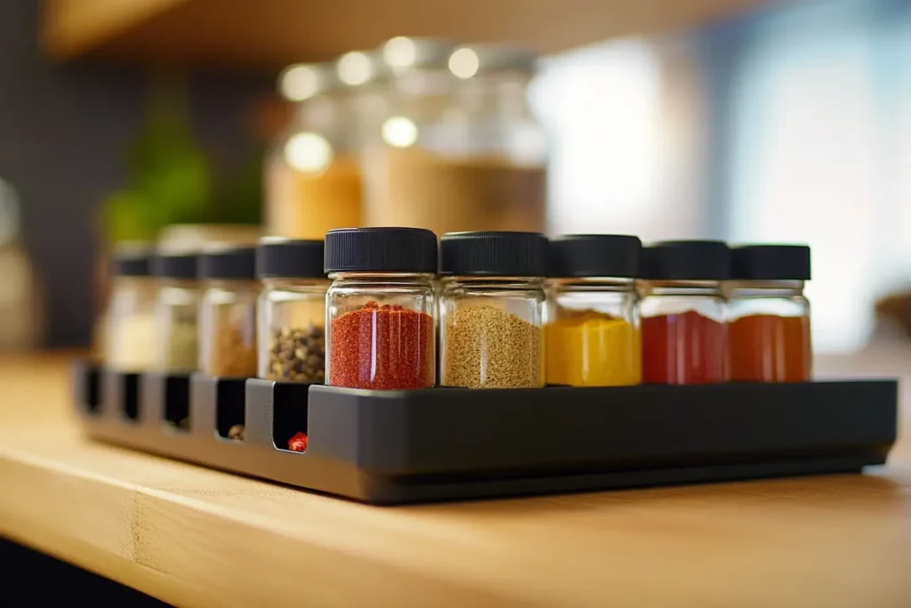 A spice rack featuring nutmeg, paprika, red pepper flakes, garlic powder, and Italian seasoning, showcasing vibrant colors with a modern kitchen backdrop.