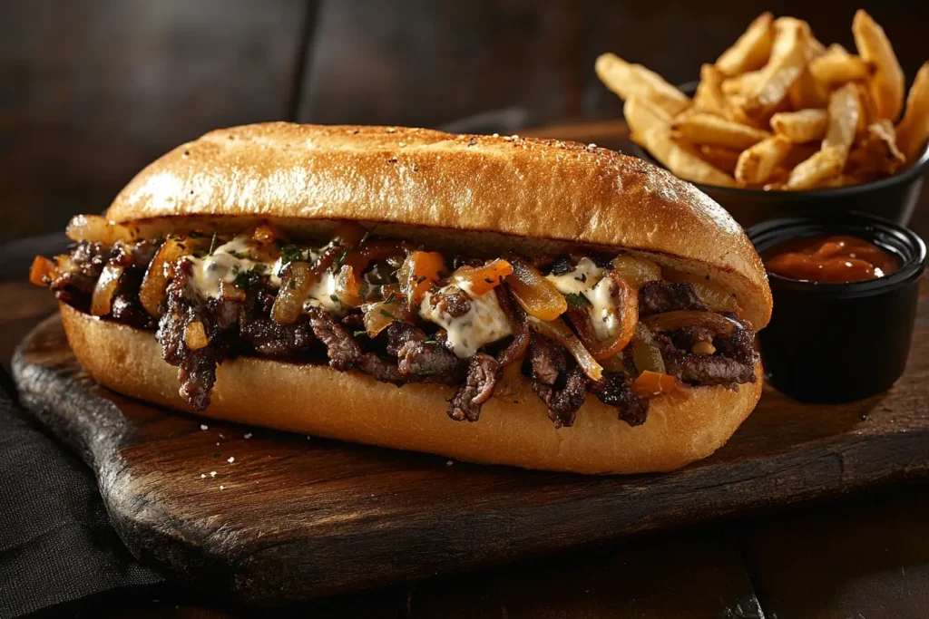 Classic Philly cheesesteak with ribeye beef, Cheese Whiz, and caramelized onions on a toasted hoagie roll.