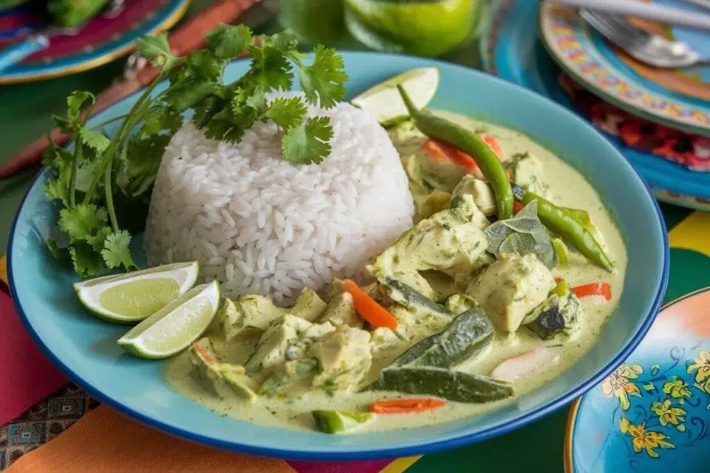 Creamy coconut rice served with Thai green curry, featuring green chilies, vegetables, and chicken. Garnished with cilantro and lime wedges on a colorful table setting.