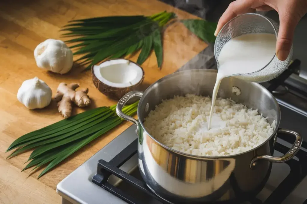 Cooking coconut rice with fresh ingredients, including coconut milk, ginger, garlic, and pandan leaves, in a stainless steel pot on a stove, showcasing a minimalist and natural cooking process.