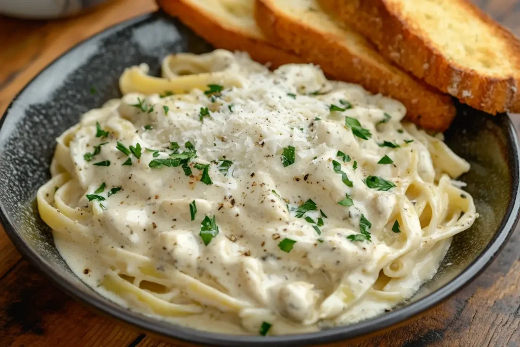 Creamy Cajun Alfredo sauce on fettuccine pasta, garnished with parsley and Parmesan, served with garlic bread on a rustic wooden table.