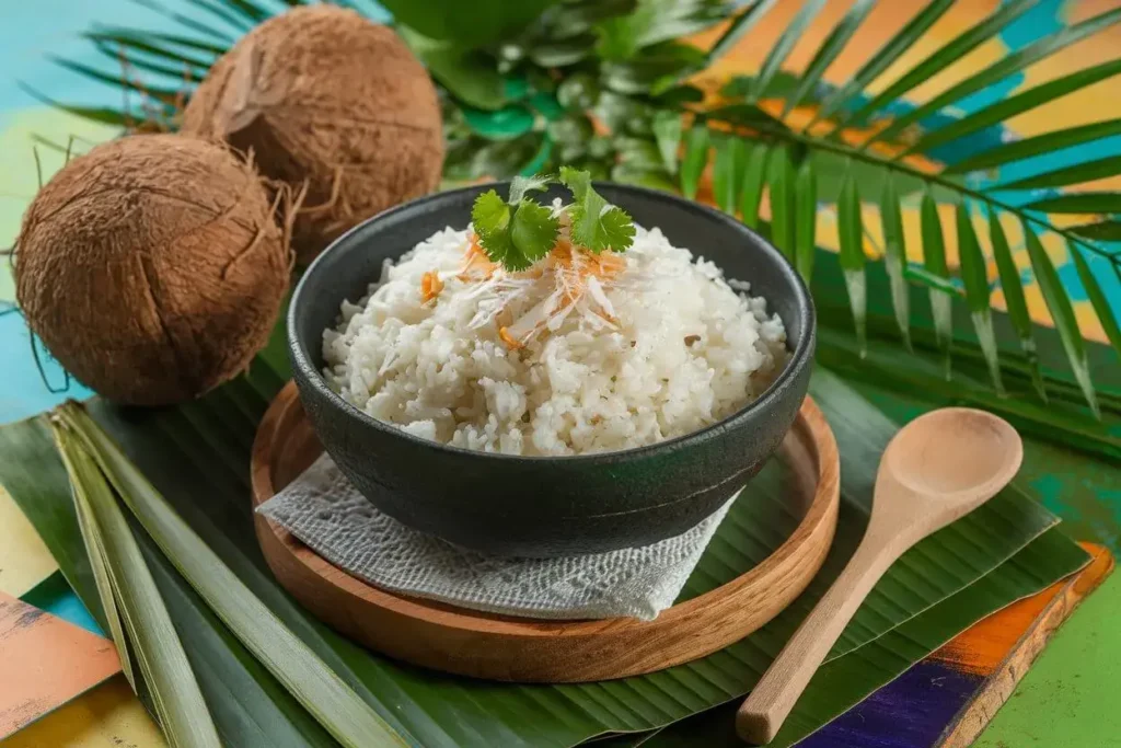 Creamy coconut rice garnished with shredded coconut and cilantro in a tropical setting.