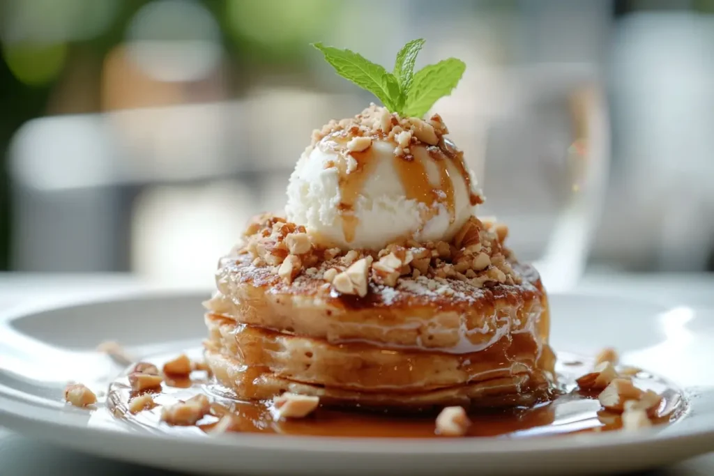 Artistic presentation of taro pancakes as a dessert, featuring ice cream, nuts, and mint, ideal for a gourmet food blog or recipe site.