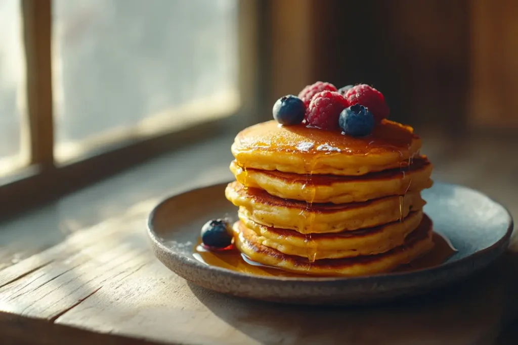 Stack of fluffy pancakes made with kefir, topped with berries and syrup, showcasing the airy texture kefir brings to breakfast recipes.