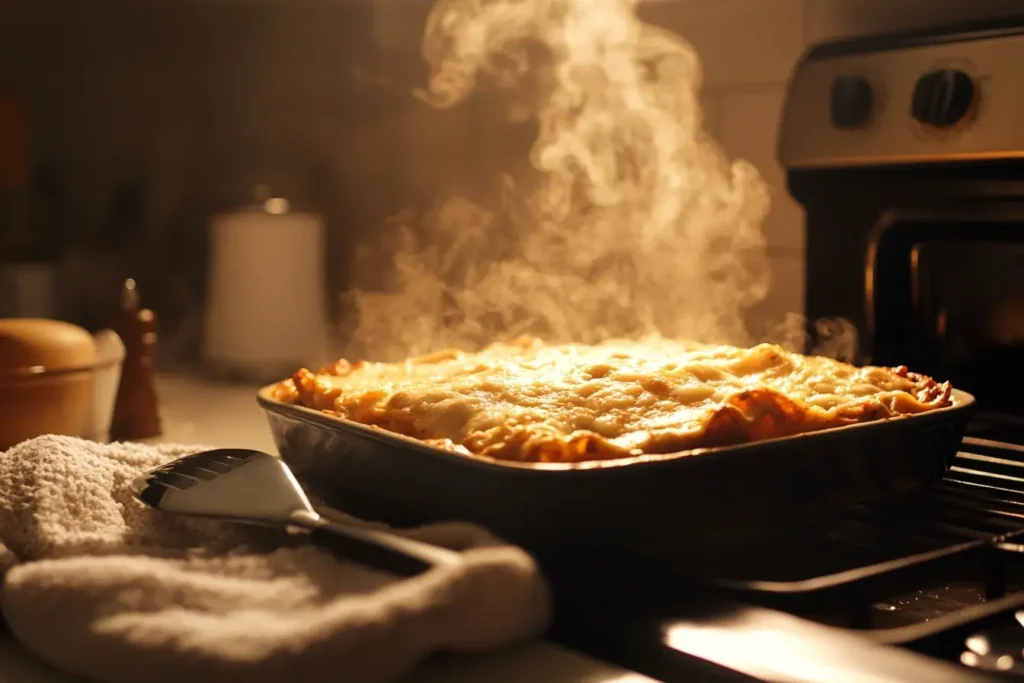 A freshly baked San Giorgio lasagna with melted, bubbling cheese and steam rising, set on a kitchen counter with a serving spatula and oven mitt.