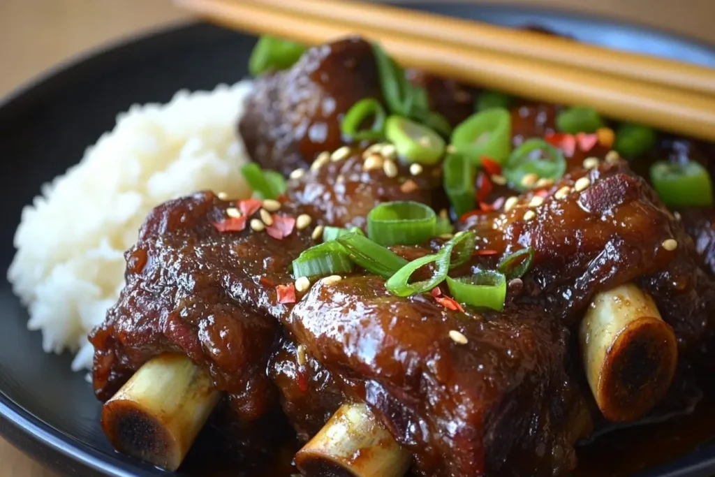 Close-up of glazed Korean-style short ribs garnished with sliced green onions, sesame seeds, and chili flakes, served alongside steamed white rice on a black plate with chopsticks.