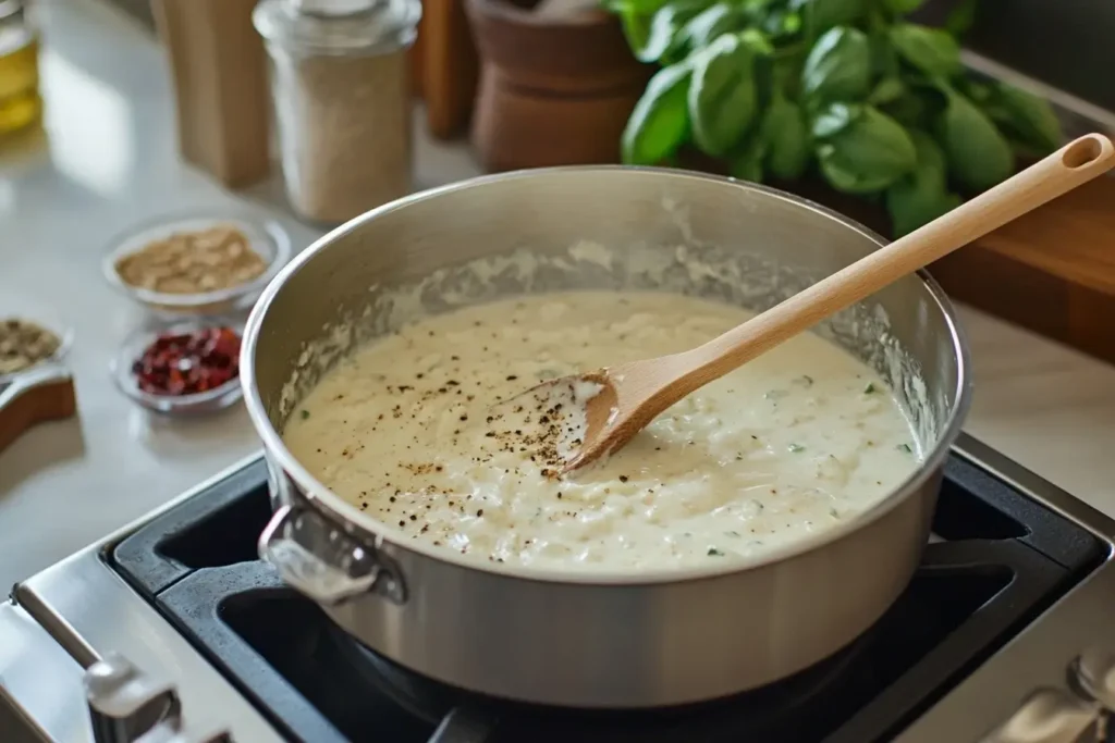 A saucepan of Alfredo sauce being stirred with a wooden spoon, with fresh basil, red pepper flakes, and nutmeg on the counter, emphasizing spice preparation.