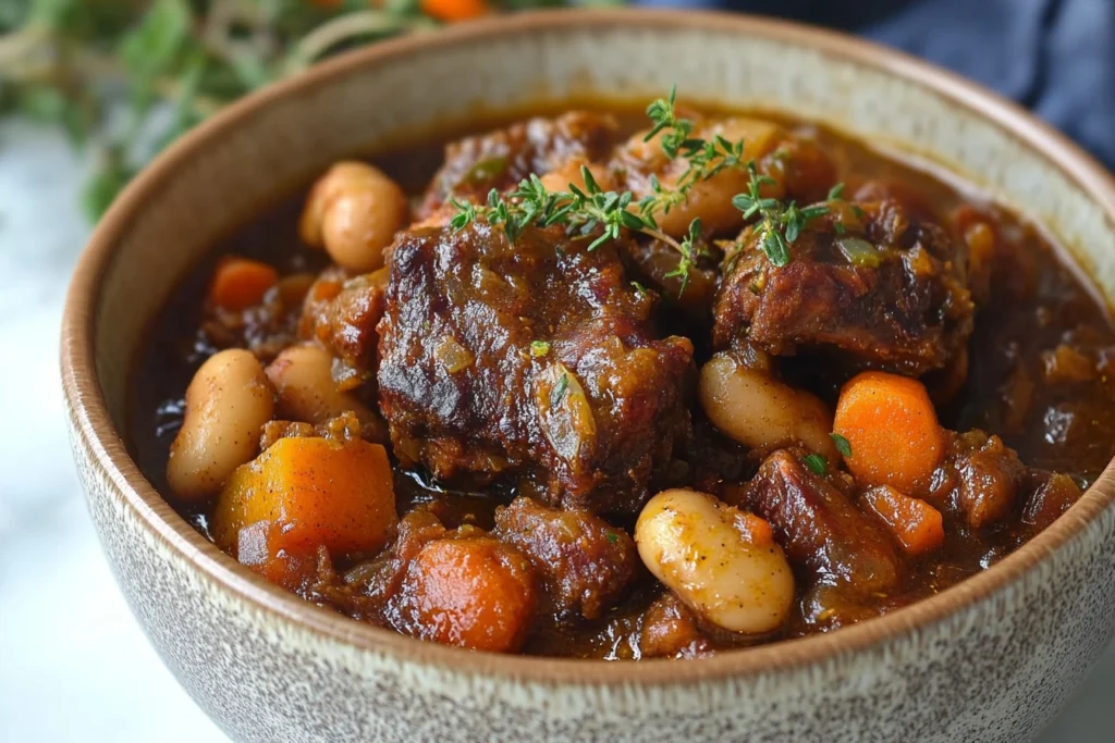 A bowl of Jamaican oxtail stew with tender meat, vegetables, and beans in a dark, flavorful sauce, topped with fresh thyme.