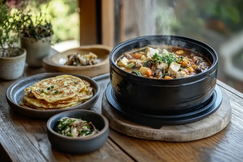 Doenjang jjigae stew paired with taro pancakes and side dishes in a traditional Korean setup.