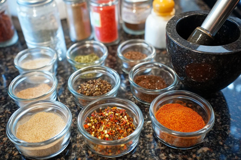 A step-by-step visual of creating homemade oxtail seasoning, with spices being measured, mixed, and stored in a glass jar.