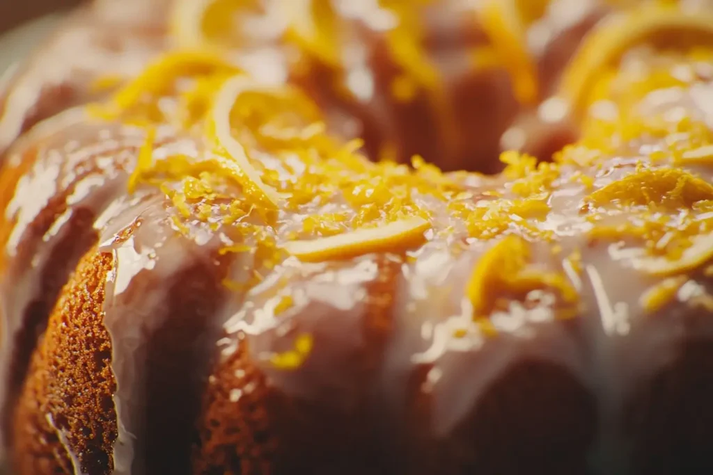 Moist lemon cake made with kefir, topped with a glossy glaze and lemon zest, showing how kefir improves texture and flavor in cakes.