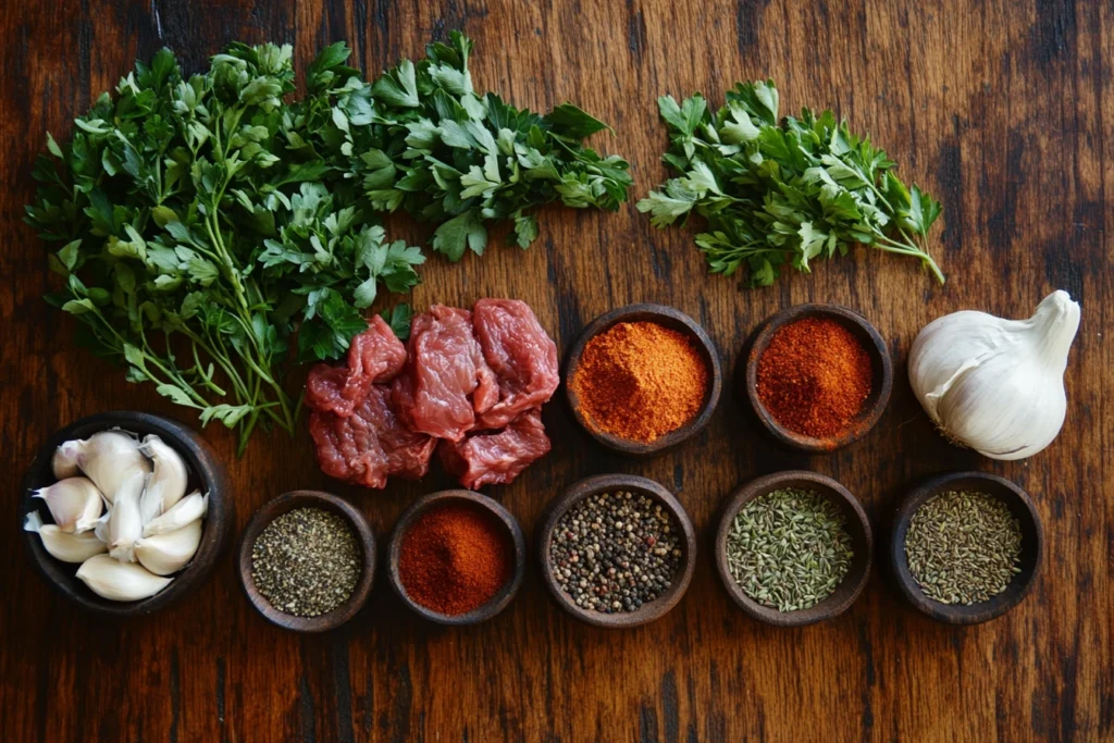 A variety of spices and herbs, including paprika, thyme, and garlic powder, displayed on a rustic wooden table, representing the key ingredients in oxtail seasoning.