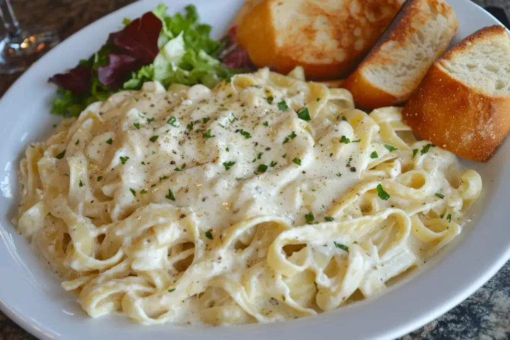 A rich and creamy Alfredo sauce with fresh ingredients like Parmesan cheese, garlic, and parsley, showcasing a gourmet presentation.