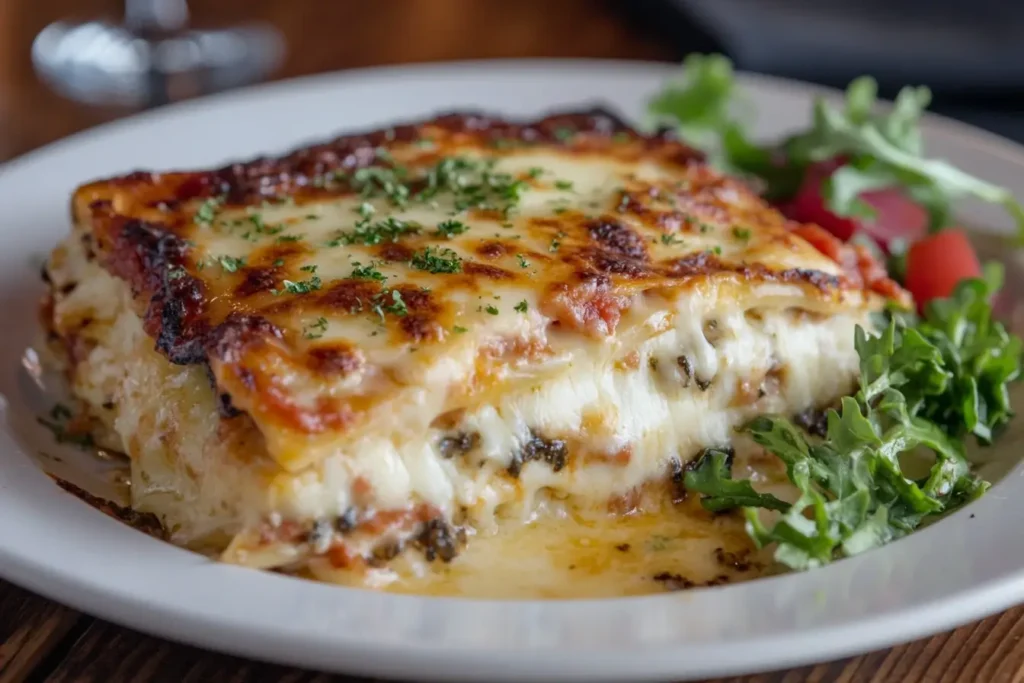 A perfectly baked San Giorgio lasagna with a golden cheese crust, layered noodles.