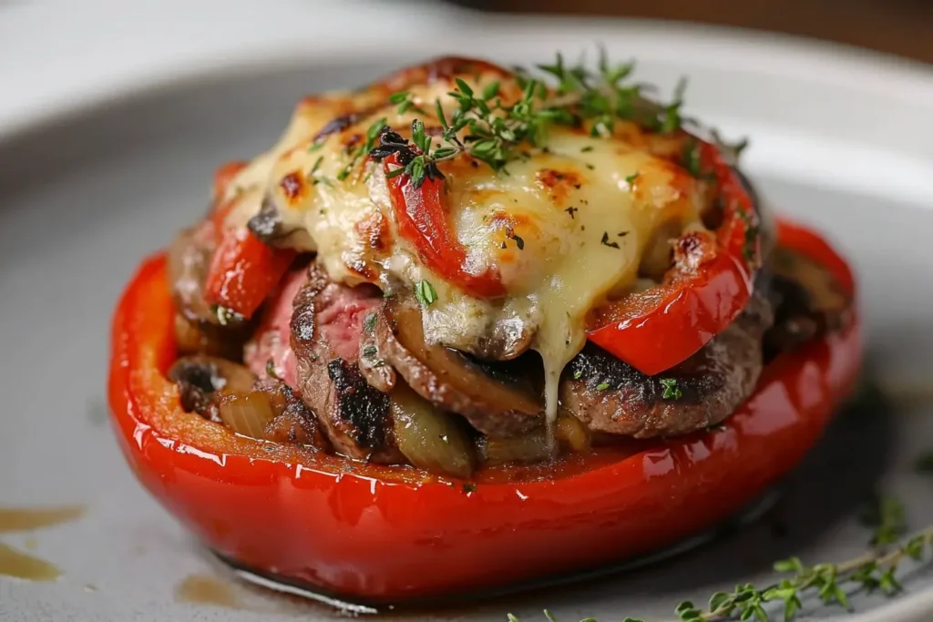 Close-up of a red bell pepper stuffed with steak, sautéed vegetables, and melted cheese, served on a plate with a white baking dish in the background.