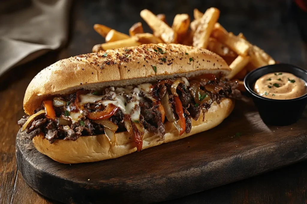 Classic Philly cheesesteak with ribeye beef, Cheese Whiz, and caramelized onions on a toasted hoagie roll.