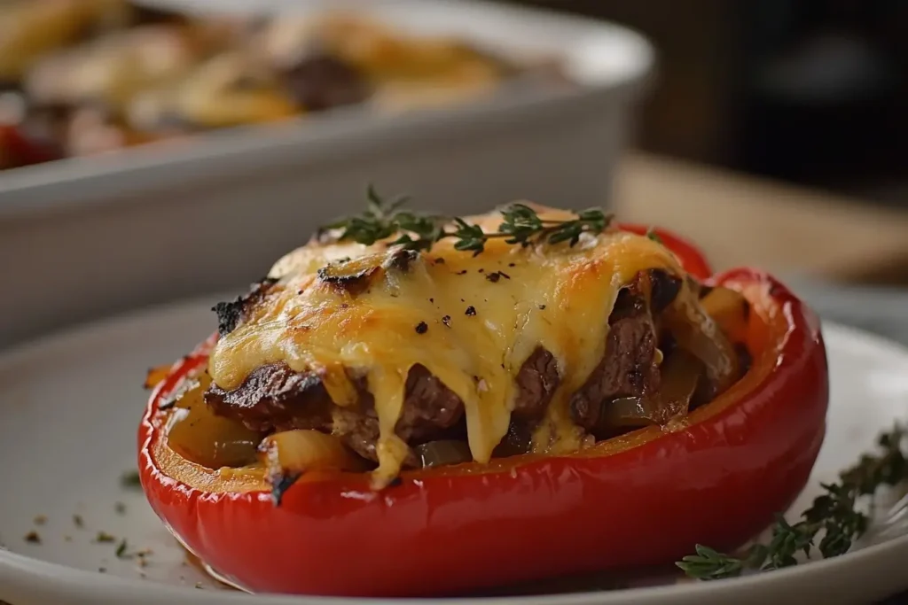 Close-up of a red bell pepper stuffed with steak, sautéed vegetables, and melted cheese.