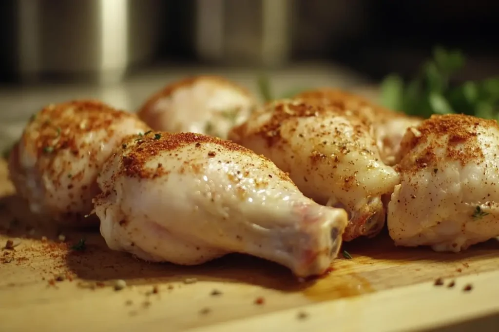 Preparing chicken drumsticks and thighs for smoking by trimming and seasoning them with a dry rub on a wooden cutting board, surrounded by fresh herbs and spices.