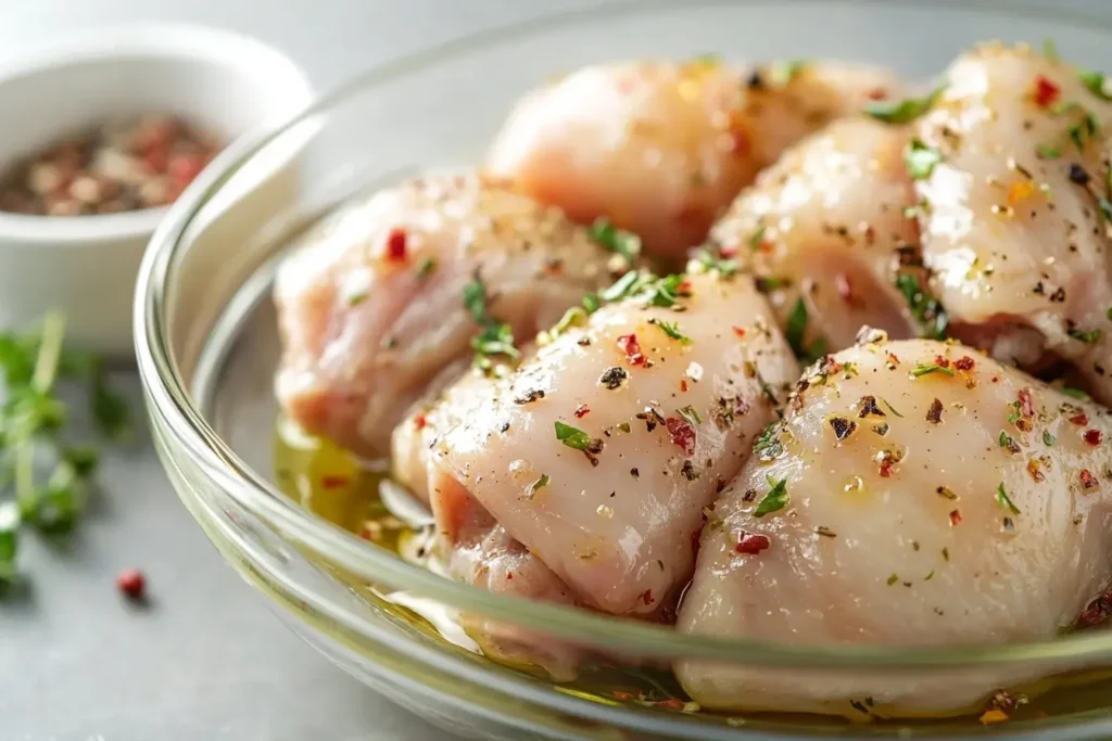 Raw chicken thighs in a glass bowl coated with olive oil, red seasoning, and black pepper, with a small bowl of seasoning in the background on a gray countertop, showcasing the preparation of a flavorful recipe.