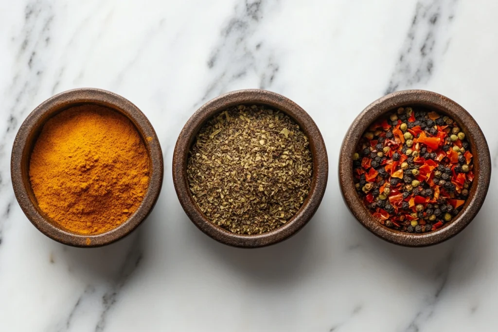 Three bowls of oxtail seasoning blends representing Caribbean, Asian, and African styles, highlighting their distinct spices and flavors.