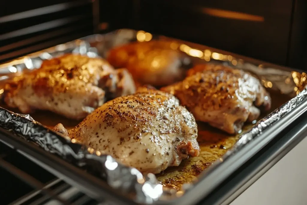 Leftover smoked chicken drumsticks and thighs being reheated in an oven, covered with foil, with a cup of broth beside them in a clean kitchen environment.