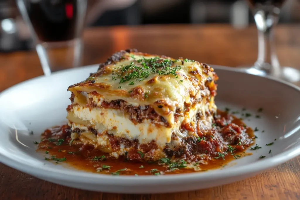 A perfectly baked San Giorgio lasagna with a golden cheese crust, layered noodles, and sauce.