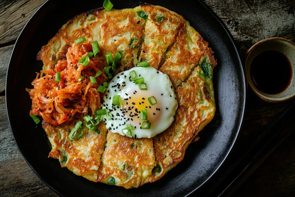 Savory taro pancakes paired with kimchi, dipping sauce, and a poached egg, presented in an appetizing and rustic dining setup.