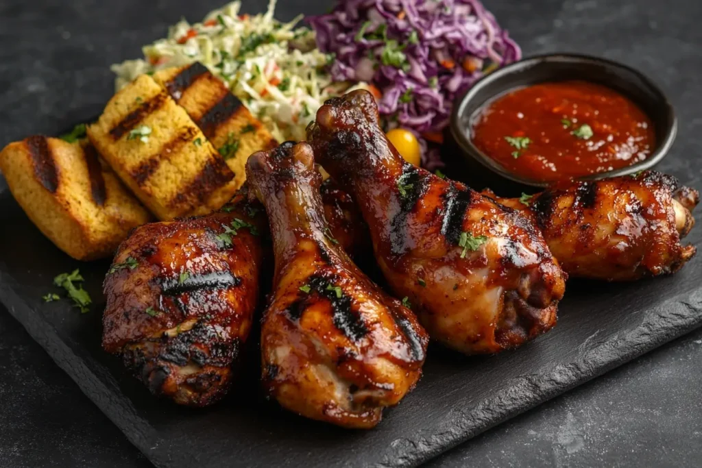 Smoked chicken drumsticks and thighs served with barbecue sauce, coleslaw, cornbread, and grilled vegetables on a rustic wooden platter.