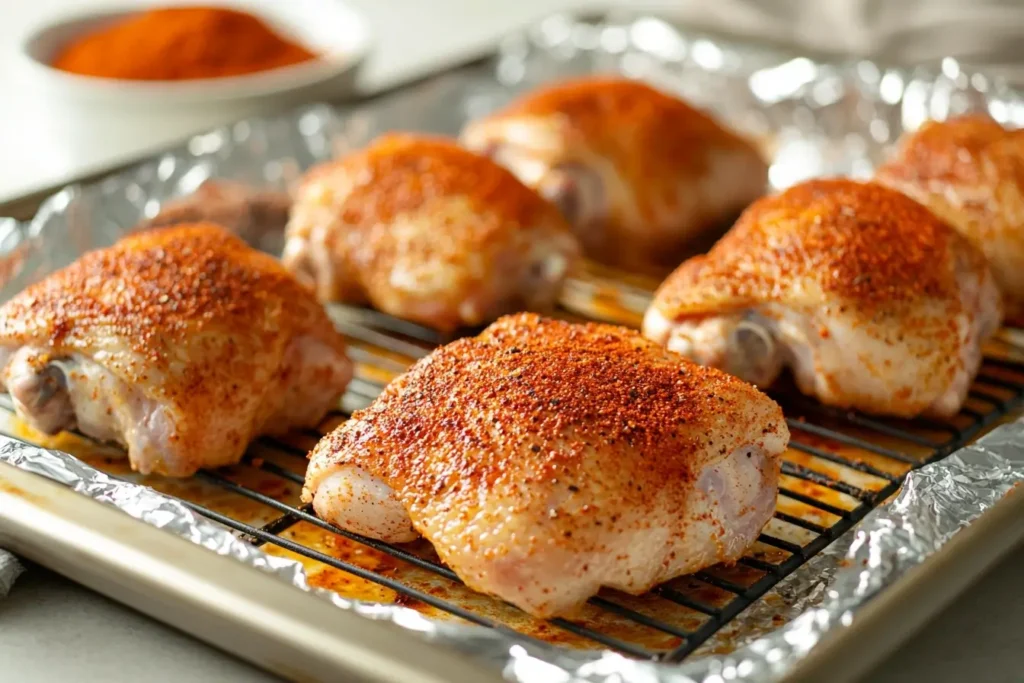 Six seasoned chicken thighs on a wire rack over a foil-lined baking sheet, sprinkled with red spices and black pepper, with a small bowl of seasoning in the background, showcasing a pre-roasting preparation.