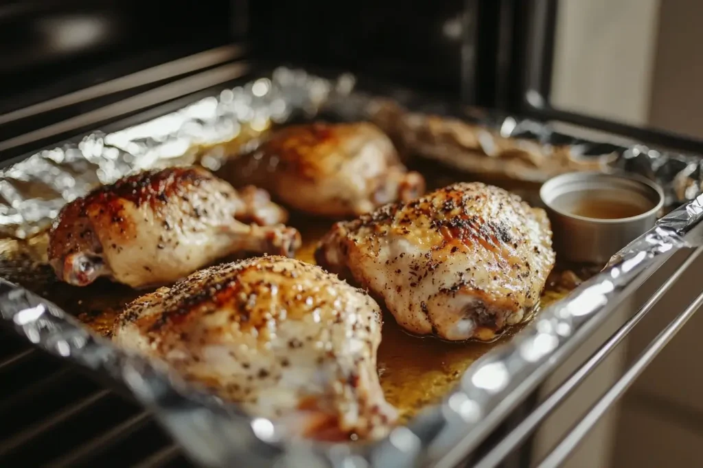 Leftover smoked chicken drumsticks and thighs being reheated in an oven, covered with foil.