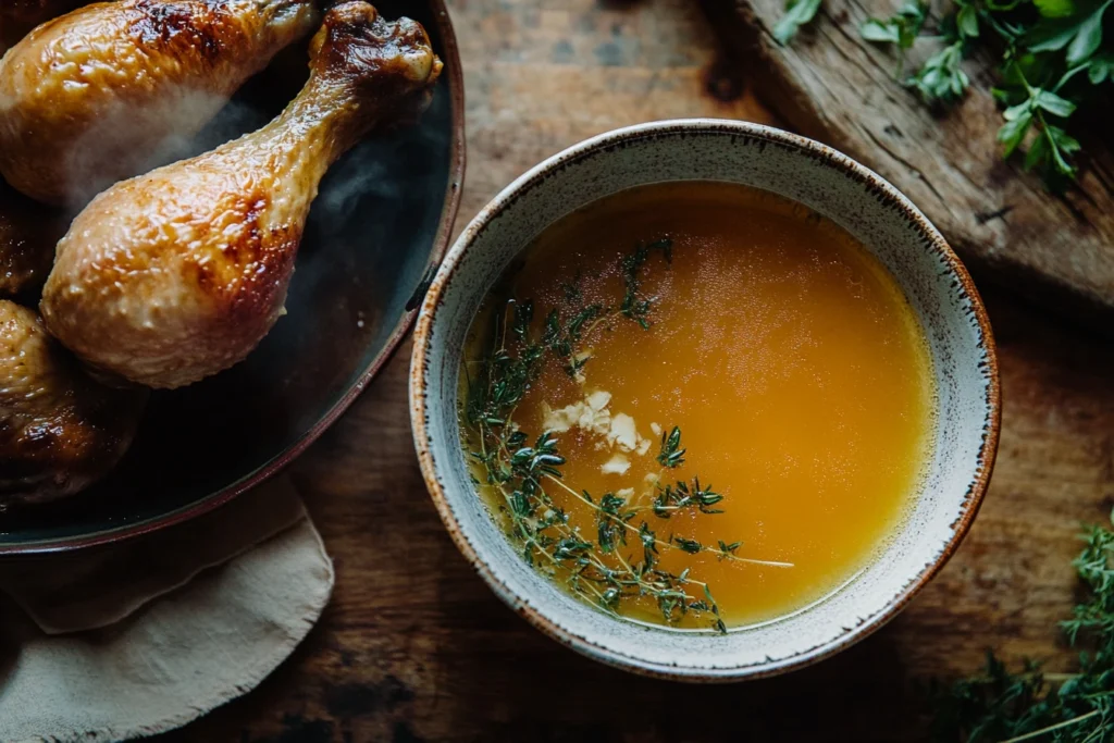 A bowl of rich bone broth beside a plate of smoked chicken legs and thighs, creating a wholesome, carnivore-friendly meal.