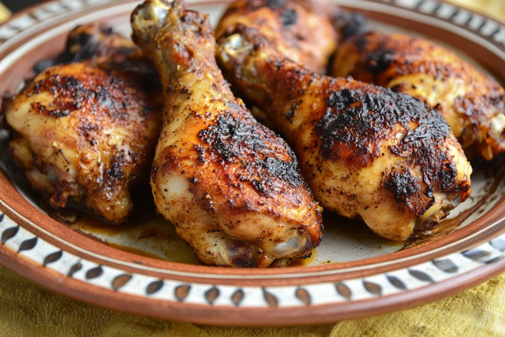 Close-up of smoked chicken legs and thighs on a rustic ceramic plate with crispy, golden skin and glistening juices.