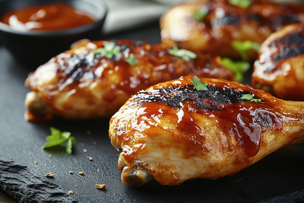 Close-up of roasted chicken leg quarters brushed with glossy barbecue sauce on a dark slate serving board, accompanied by a silicone basting brush and a bowl of sauce, showcasing a rustic and appetizing food presentation.