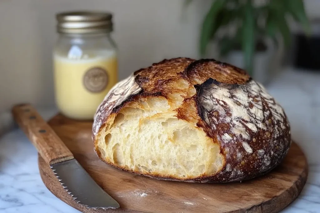 Rustic sourdough bread made with kefir, highlighting its open crumb and golden crust, perfect for demonstrating kefir in bread recipes.