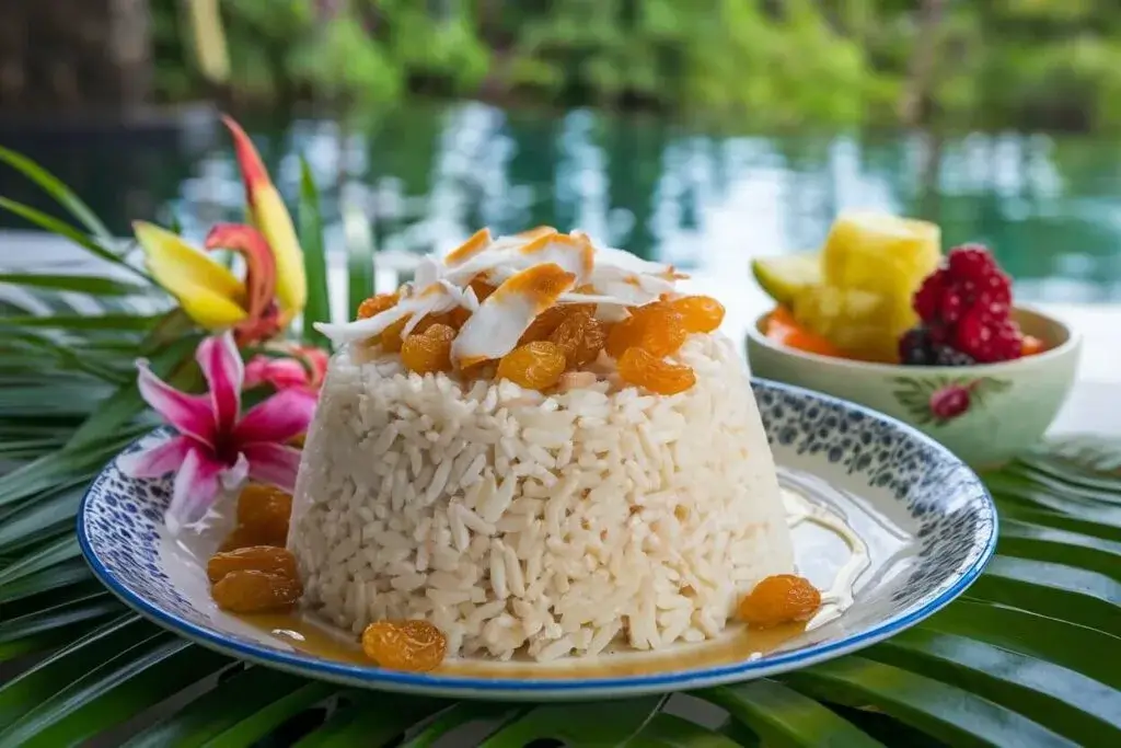 Sweet coconut rice dessert plated with golden raisins, toasted coconut flakes, and honey drizzle. Surrounded by tropical flowers and fresh fruit.