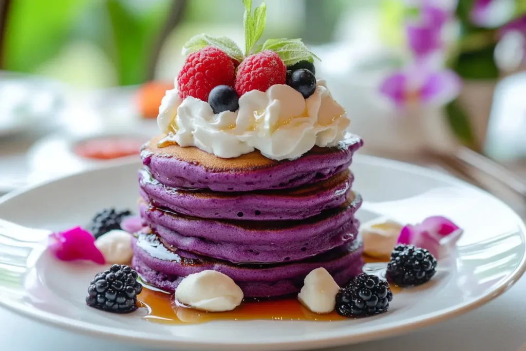 Fluffy taro pancakes topped with fresh fruits and honey, showcasing their signature purple color in a bright, inviting brunch setting.