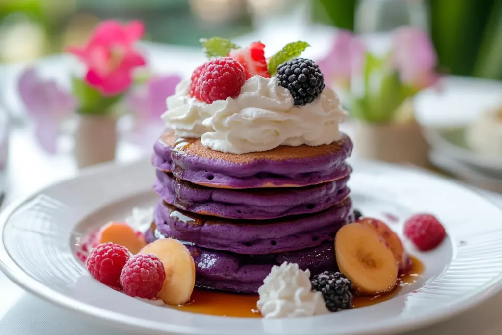 Fluffy taro pancakes topped with fresh fruits and honey, showcasing their signature purple color in a bright.