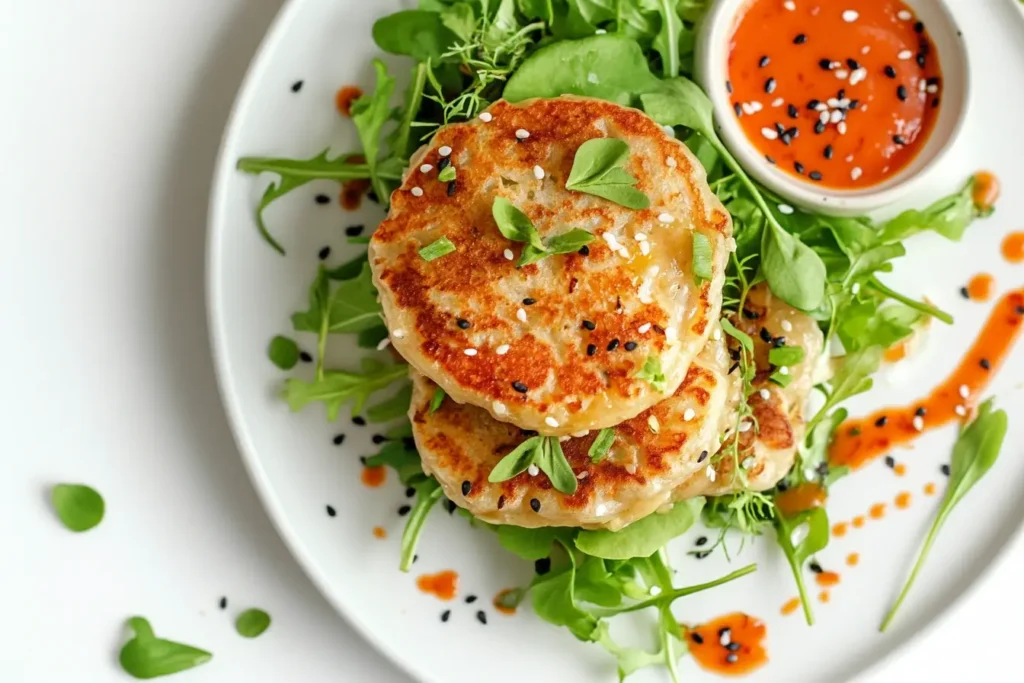 Taro pancakes with a sesame-dressed green salad and Sriracha mayo dipping sauce.