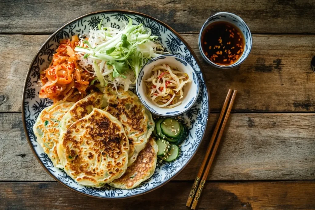 Korean taro pancakes served with kimchi, pickled vegetables, and soybean sprouts on a wooden table.