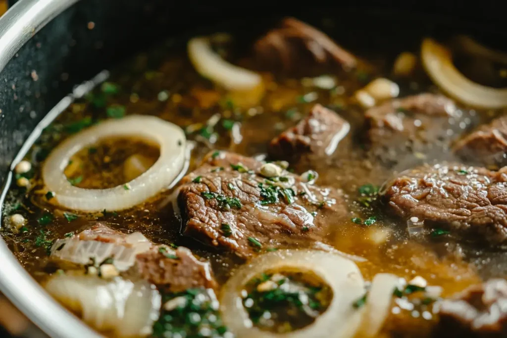 Beef chunks simmering in a pot of rich broth with onions and fresh herbs, creating a comforting homemade stew.