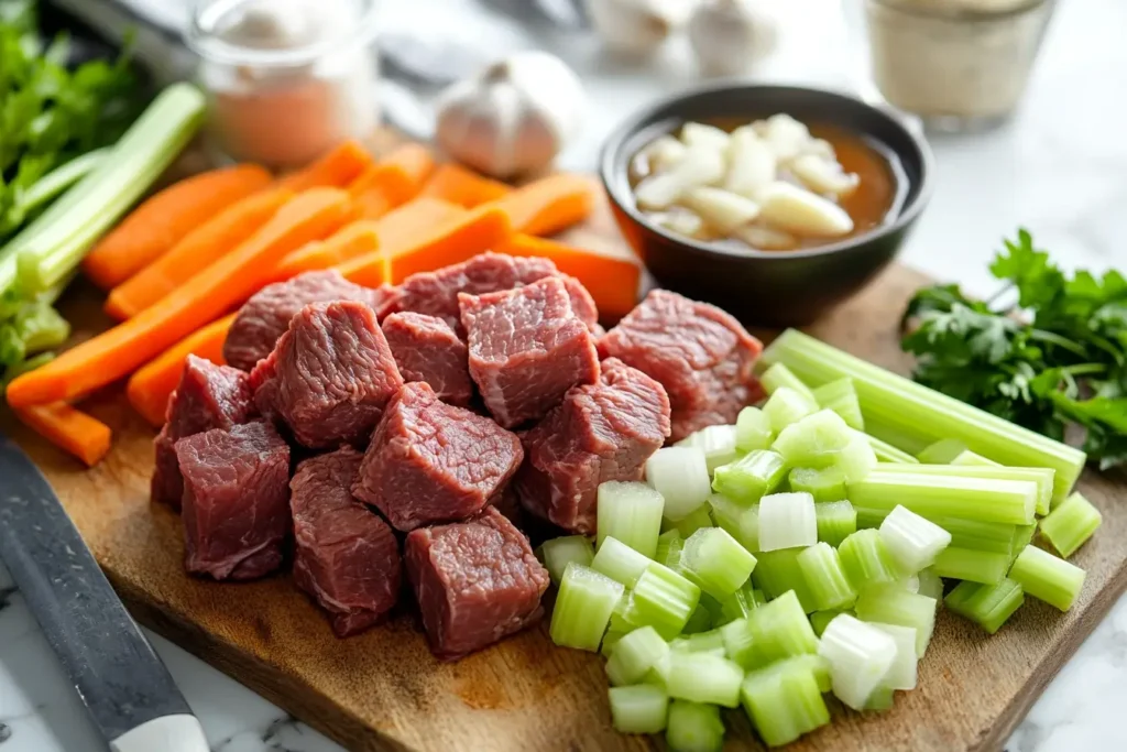 Raw ingredients for beef stew, including cubed beef, carrots, potatoes, garlic, and fresh herbs, laid out on a wooden counter.